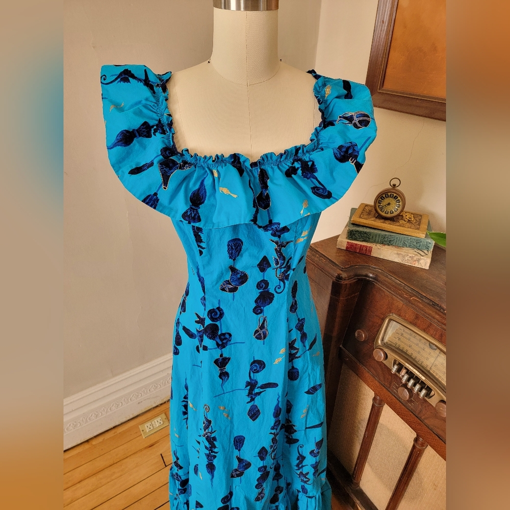 Vintage Blue Hawaiian Mid Century Seahorse Print Maxi Dress Ruffle Medium - Picture 3 of 11